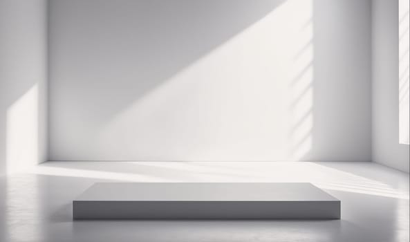 A gray platform is positioned in the center of an empty, white room with a large window in the back. The window is letting in bright sunlight, casting long shadows on the walls and the platform.