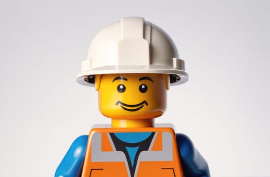 The image shows a minifigure wearing a white hard hat and an orange construction vest.