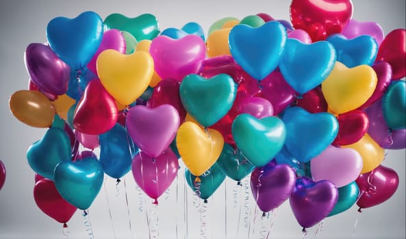 A cluster of heart-shaped balloons in various colors, including red, pink, blue, yellow, purple, and green, floats in a group against a white backdrop. The balloons are inflated and are attached to strings that are tied together. The image appears to have been taken indoors.