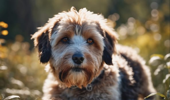 A small, brown and white dog with a black patch on its ear stares intently at the camera. The dog is sitting in a field of green grass and yellow flowers. The sun is shining brightly and the background is blurred. The dog's face is soft and cuddly.