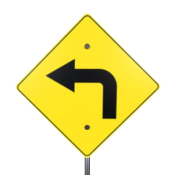 A yellow warning sign indicates a left turn ahead, promoting road safety and navigation.