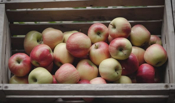 A crate full of red and yellow apples sits on a wooden surface. The apples are arranged in a haphazard fashion, with some spilling over the edges of the crate. The apples are a mix of red and yellow, with some being a combination of both colors.