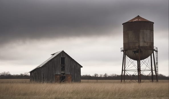 An old barn and water tower are in a field of tall grass. The sky is gray and cloudy.