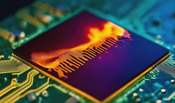 A microchip on a circuit board is illuminated with a bright orange and yellow glow, indicating the heat generated while in use. The chip is a square shape with a series of small, thin lines running across its surface. The circuit board surrounding the chip has a green color, with gold-colored lines and connectors.