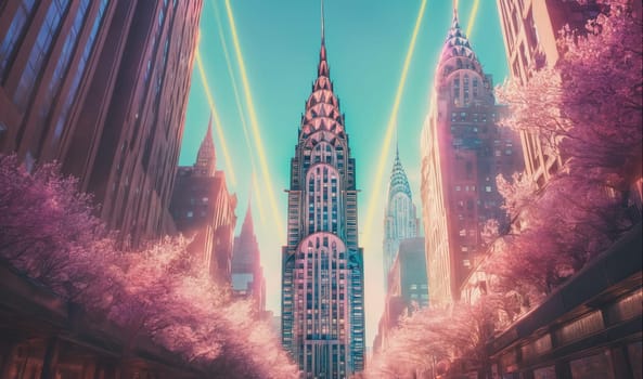 The Chrysler Building is seen in the center of the image, surrounded by other tall buildings. Pink trees line the streets below, and the sky is a bright blue with streaks of yellow and white.