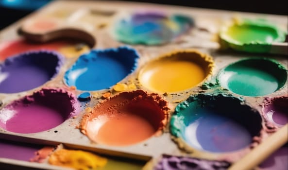 A used watercolor palette with several colorful wells of dried paint, including blue, yellow, orange, pink, and green. The plastic palette is old and cracked, showing the signs of many uses. A wooden paintbrush sits on top of the palette.