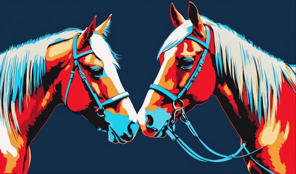A pop art painting of two horses, both wearing bridles, stand close to one another with their heads touching. The horses are on a dark blue background and their manes are white. The horses are painted in bright colors, with red and orange being the main colors.