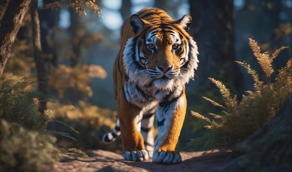 A large tiger with orange and black stripes walks through a forest. The tiger is in focus, and the background is blurred. The tiger's eyes are looking straight ahead. The forest floor is covered in brown leaves and twigs.