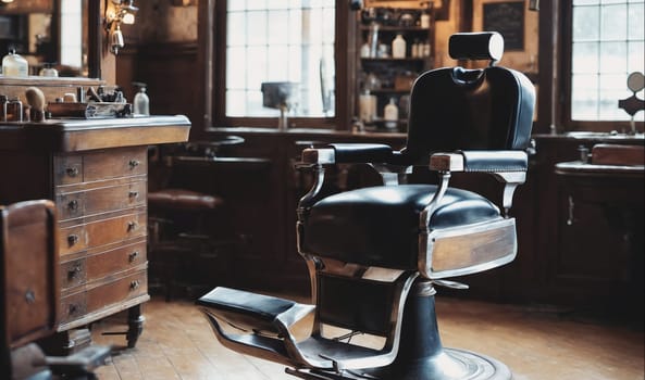 The image shows a barber chair in a barbershop. The chair is black leather with chrome accents and a wooden base. It is empty and ready for a customer. The barbershop has a vintage feel, with wooden floors, walls, and furniture. The image is taken from a low angle, giving the viewer a good view of the chair.
