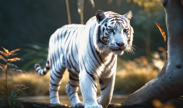 A white tiger walks along a path through a lush forest. The sun shines through the trees, highlighting the tiger's white fur and black stripes. The tiger is alert and aware of its surroundings, its eyes focused on something in the distance.