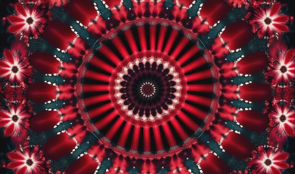 A close-up photograph of a symmetrical digital pattern with multiple layers of red and black radiating from a central point, resembling a flower with several petals.