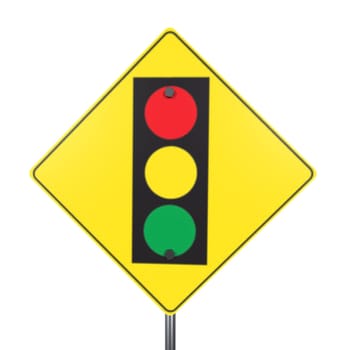 A caution sign featuring a traffic light symbol with red, yellow, and green circles.