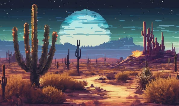 A pixelated landscape featuring a large cactus illuminated by an orange glow, set against a background of a bright moon, stars, and a distant, rocky mesa.