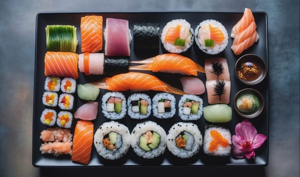 This platter of sushi includes a variety of rolls, nigiri, and sashimi. The rolls feature various fillings like cucumber, avocado, and fish. The nigiri includes salmon, tuna, and other fish. The sashimi includes slices of salmon, tuna, and other fish. The platter also includes two small bowls of soy sauce and ginger. A pink flower sits next to the sushi.