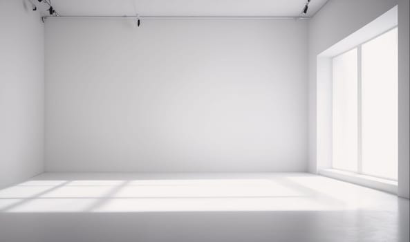 The image shows a white room with a large window that lets in sunlight. The floor and walls are white, and the ceiling has a few light fixtures.