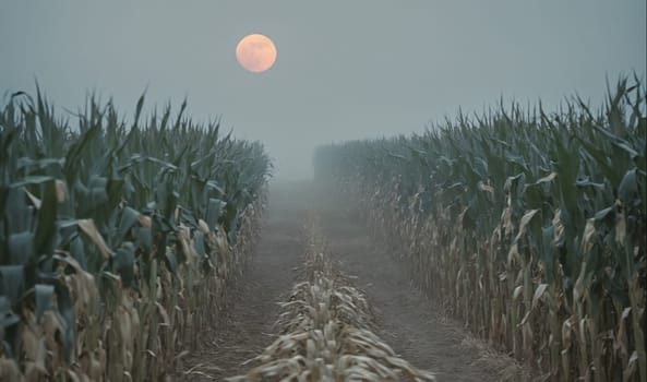 A large, pink moon sits in the sky above a field of tall corn stalks. The stalks line a path that cuts through the field, and the path is covered in a thick fog.