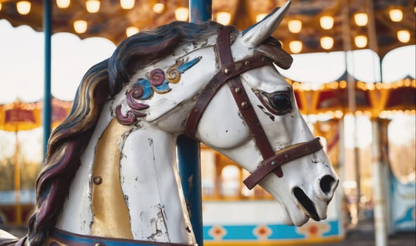 The image shows a close-up of a white carousel horse with a brown leather bridle. The horse's head is turned to the right, and its mane is a dark brown and black color. The horse has been painted with gold, blue, and red details. The background is blurred, but you can see the rest of the carousel, as well as a few lights.