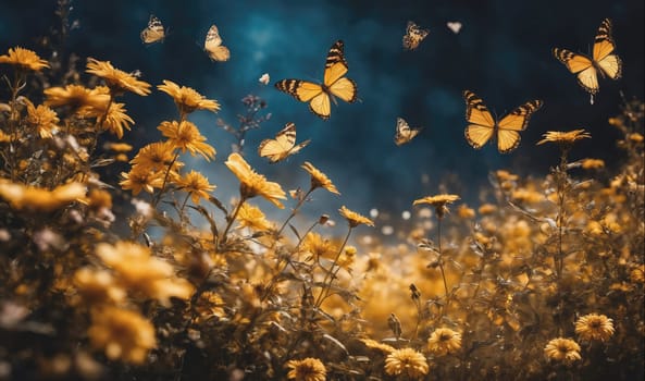 A field of yellow wildflowers is filled with butterflies fluttering around the blossoms. The sky is a deep blue with a few clouds and the sun shines brightly.