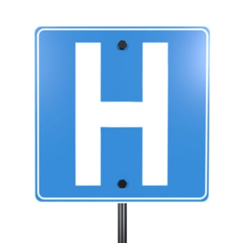 A clear blue sign featuring a large white letter H to indicate a hospital.
