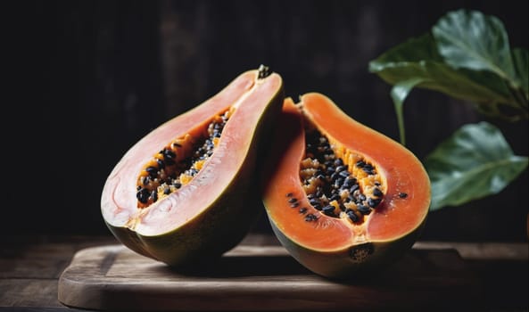 Two halved papayas sit on a wooden cutting board, revealing the bright orange flesh and black seeds inside. The papayas are positioned with the cut side facing the viewer. A leafy green plant with large leaves is out of focus in the background. The composition creates a sense of natural beauty and fresh tropical fruit.