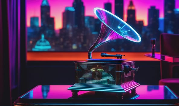 The gramophone is on a table in a room overlooking a city skyline. The city lights and buildings are visible through a window. The room has a modern interior with a glass-top table and a large window. The gramophone is lit with neon lights, creating a colorful and vibrant image.