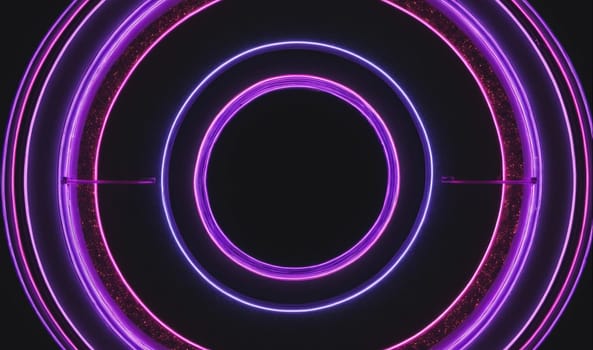 A close-up view of a purple and pink neon light installation. The lights are arranged in concentric circles, creating a hypnotic effect. The background is dark, highlighting the brightness of the neon. The circles are slightly blurred, adding to the ethereal ambiance.