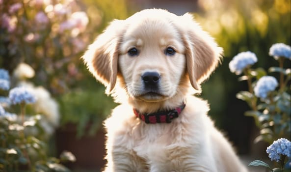 A golden retriever puppy sits in a lush garden with soft, blue flowers. The puppy has a pink collar and its fur is glowing in the sunlight.