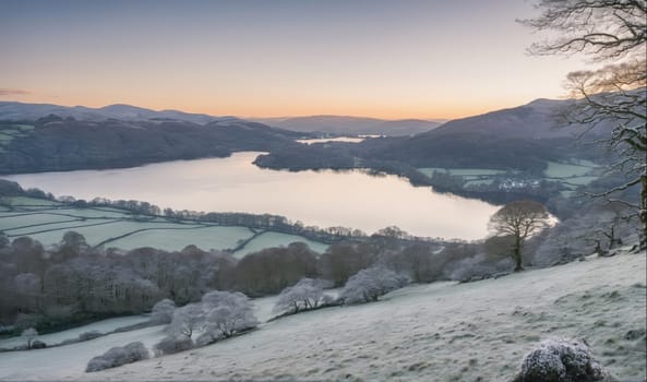 A snowy scene, overlooking a frozen lake surrounded by hills in the early morning. The landscape is covered in a blanket of fresh snow, creating a serene and peaceful atmosphere. The sky is a soft blue, with hints of pink and orange from the rising sun.