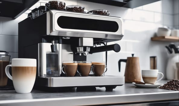 A silver espresso machine sits on a countertop in a modern kitchen. The machine is making espresso in three cups. A mug of latte is sitting on the counter next to a pile of coffee beans. A wooden teapot and a glass carafe are in the background.