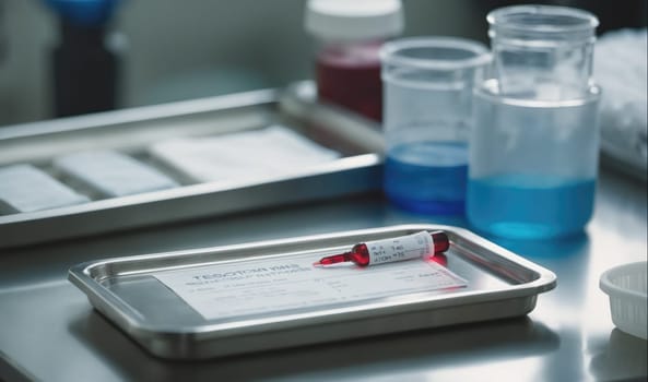 A vial with a red liquid is lying on a silver tray in a laboratory, next to a jar filled with blue liquid. There are also a few other containers, as well as a piece of paper.