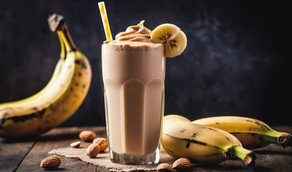 A close-up image of a tall glass filled with a creamy banana smoothie, with a banana slice as a garnish and a straw in the glass. The smoothie is surrounded by ripe bananas and almonds on a wooden table.