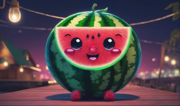 A cartoon watermelon with a big smile is sitting on a wooden dock at night. The watermelon is wearing a slice of watermelon as a hat. There are lights strung up above the watermelon. The watermelon is looking at the camera and smiling.