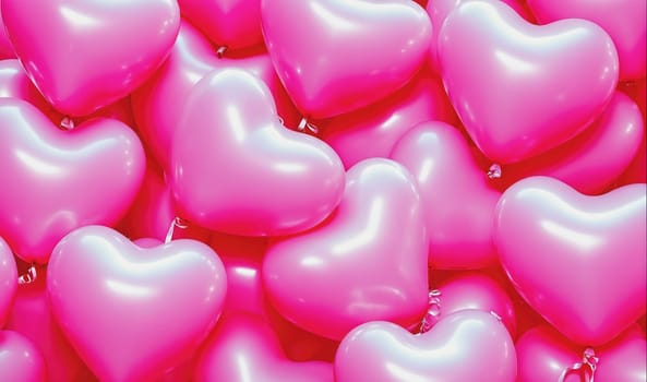 A close-up shot of a pile of pink heart-shaped balloons. The balloons are arranged in a random pattern, with some overlapping each other. The balloons are shiny and reflect the light. The colors are bright and cheerful.