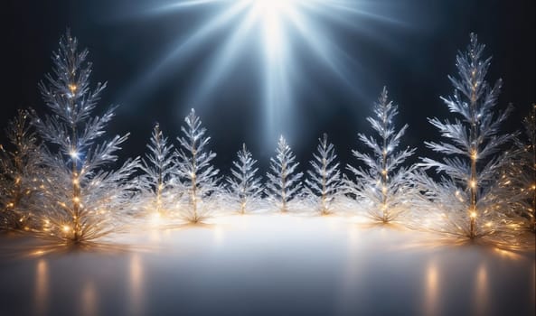 A group of nine artificial Christmas trees stand in a row on a white surface. The trees are all made of silver tinsel and are illuminated by warm white lights. The trees are arranged in a semi-circle and are all facing towards the center. Above the trees, a bright light shines down, creating a dramatic effect. The trees are surrounded by a snowy ground, which is reflecting the light from the trees and the bright light.