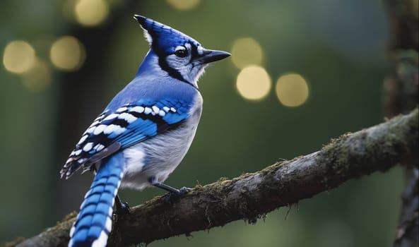 A blue jay, with its bright blue and white plumage, perches on a branch covered in green moss. The bird's head is turned to the side, and its eye is visible. The background is a blurred green, suggesting a forest setting.