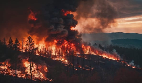 A wildfire rages through a hillside forest, engulfing the trees in flames and sending plumes of black smoke into the air. The fire is burning intensely, creating a dramatic and dangerous scene. The fire is likely spreading rapidly, fueled by dry brush and strong winds.