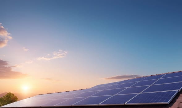 The image shows a solar panel array on a rooftop with a sunset in the background. Clouds are visible in the sky, and some vegetation is seen in the foreground. The scene is peaceful and serene.