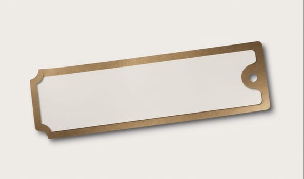 A long, thin tag with a white surface and a gold border is displayed against a white backdrop. The tag has a rounded corner on the left side and a rounded corner with a small hole on the right side.