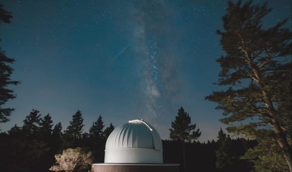 A white observatory dome is situated in a dark forest. The dome is made of metal and has a circular shape. The Milky Way is visible in the night sky above the dome. The sky is dark blue with many stars visible. The forest is dense and the trees are tall and slender. The scene is peaceful and serene.