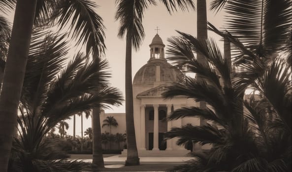 A church building with a dome stands behind a group of palm trees. The church is white and has a cross on top. The trees are tall and have long leaves. The sky is a light blue and there are no clouds in the sky.