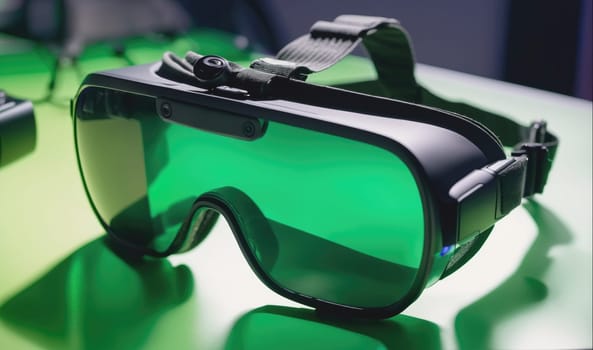 A close-up of black safety goggles with green lenses. The goggles are on a green surface and the lens of one of the goggles is in focus. The goggles have an adjustable strap and a small camera attached to the top.