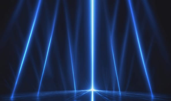 Several bright blue spotlights converge on a dark floor, illuminating a small, central area. The light beams create a sense of depth and mystery.