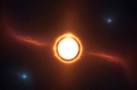 A large star with a bright, orange ring around it is the focal point of this image. Two smaller blue stars are visible in the distance. The space surrounding the stars is dark, suggesting the vast emptiness of space.
