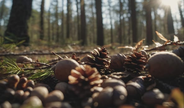 Acorns and pine cones sit on the forest floor in the afternoon sun. Some are out of focus, but the two pine cones are in focus. One is in the center and the other is to the right of it. The tree trunks and leaves are out of focus in the background. The light is coming from behind the camera.