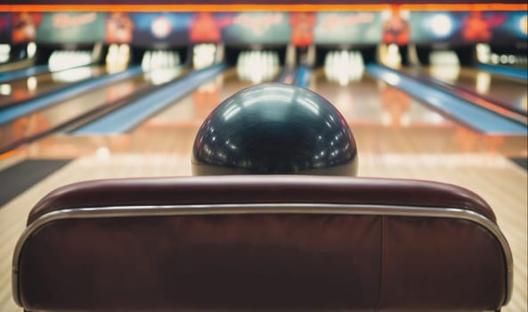 A bowling ball rests on a red, padded seat in a bowling alley. A lane is in the background with wood flooring and blue and orange lines.