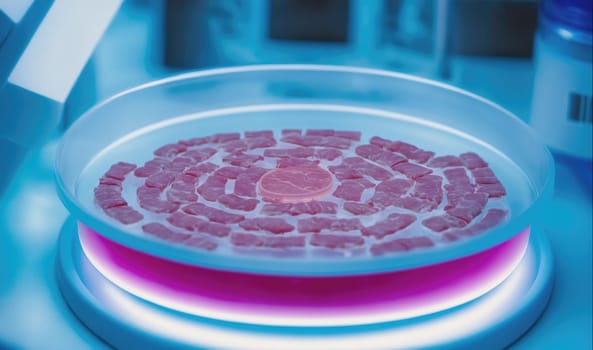 A petri dish with cultivated meat sits on a rotating platform in a laboratory. The meat is arranged in a spiral pattern, and the dish is illuminated by a bright light. The dish is sitting on a platform that is rotating, and the platform is illuminated by a ring of light.