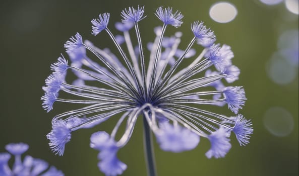 A purple flower with many thin, delicate petals growing in a garden. The flower is in focus, and the background is blurred. The flower appears to be in bloom and is surrounded by a green background. The sun is shining brightly, and the petals of the flower appear to be lit up by the light.
