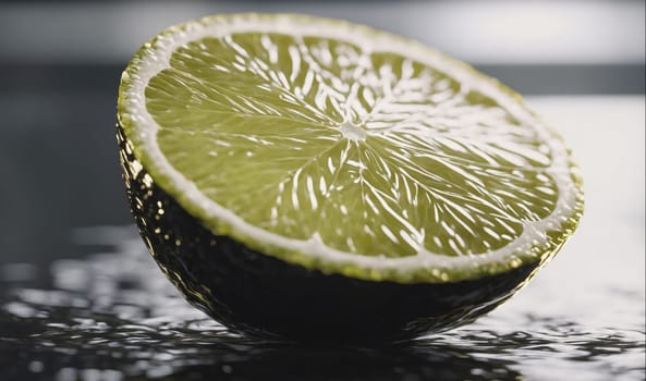 A lime wedge sits on a dark, wet surface. The wedge is sliced in half and the inside is visible. The lime is wet and glistening, and the surface is wet and reflects light.