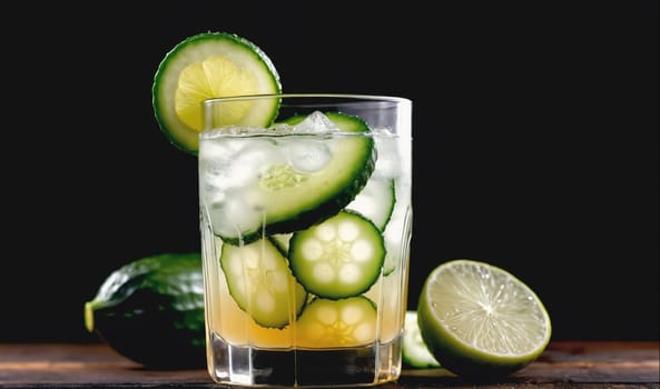 A glass of water with ice and cucumber and lime slices is on a wooden surface. The drink is refreshing and perfect for a hot day.