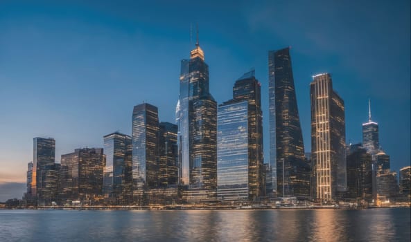The image shows the New York City skyline at dusk. The skyscrapers are tall and slender, and their windows are lit up. The water in the foreground is calm and reflecting the light from the buildings. The sky is a deep blue color.